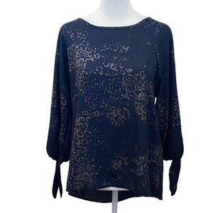 Papermoon Elegant Navy & Tan Leopard Print Blouse. 2/4 Sleeves With Ties. Size S